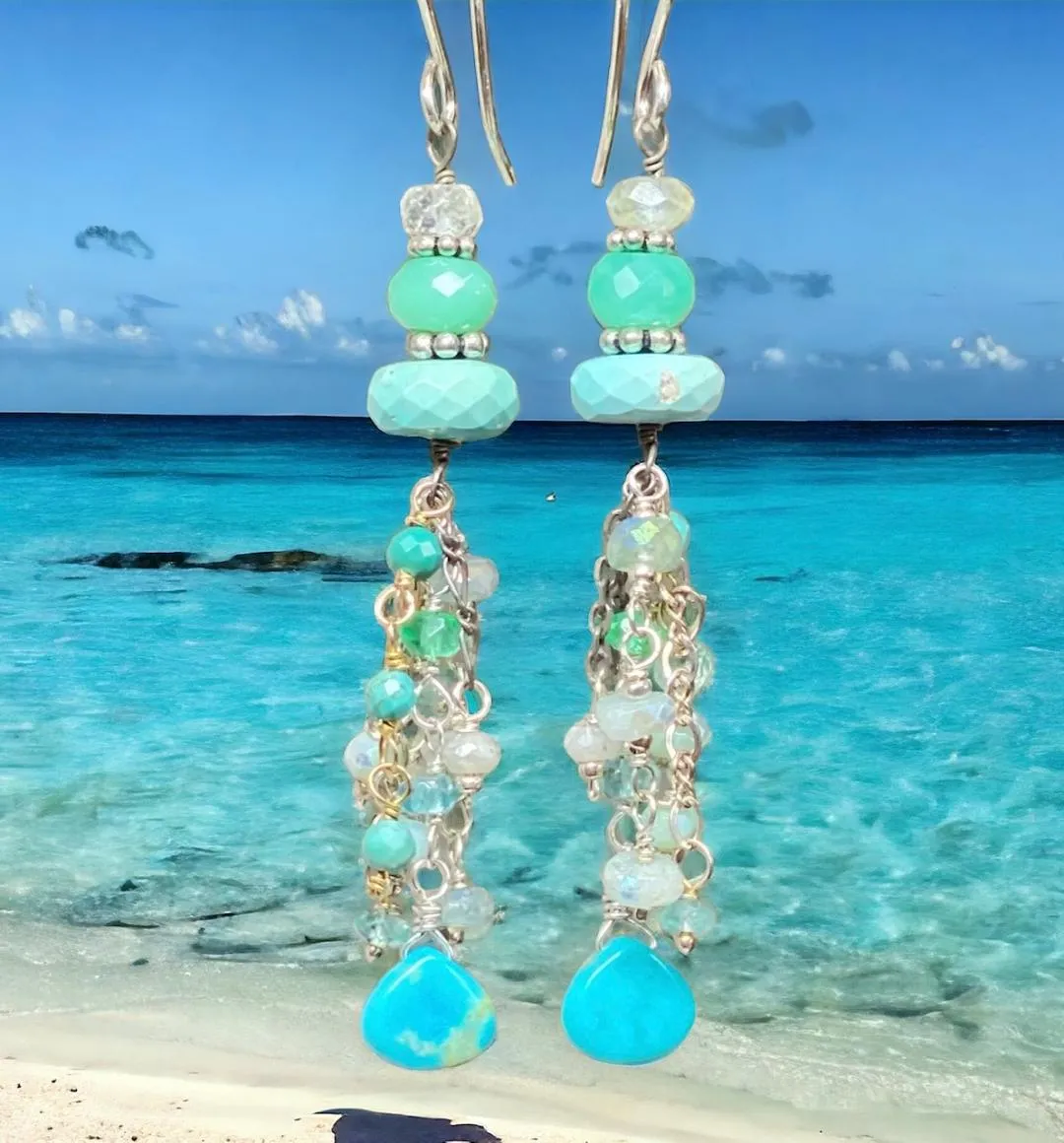 Multi Gemstone Gem Dangle Earrings, Tassel Style, Turquoise, Chrysoprase, Sterling Silver