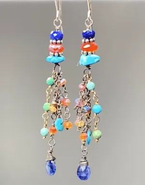 Multi Gemstone Gem Dangle Earrings, Tassel Style, Turquoise, Lapis, Carnelian, Sterling Silver