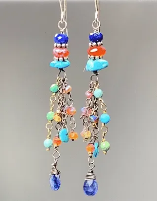 Multi Gemstone Gem Dangle Earrings, Tassel Style, Turquoise, Lapis, Carnelian, Sterling Silver