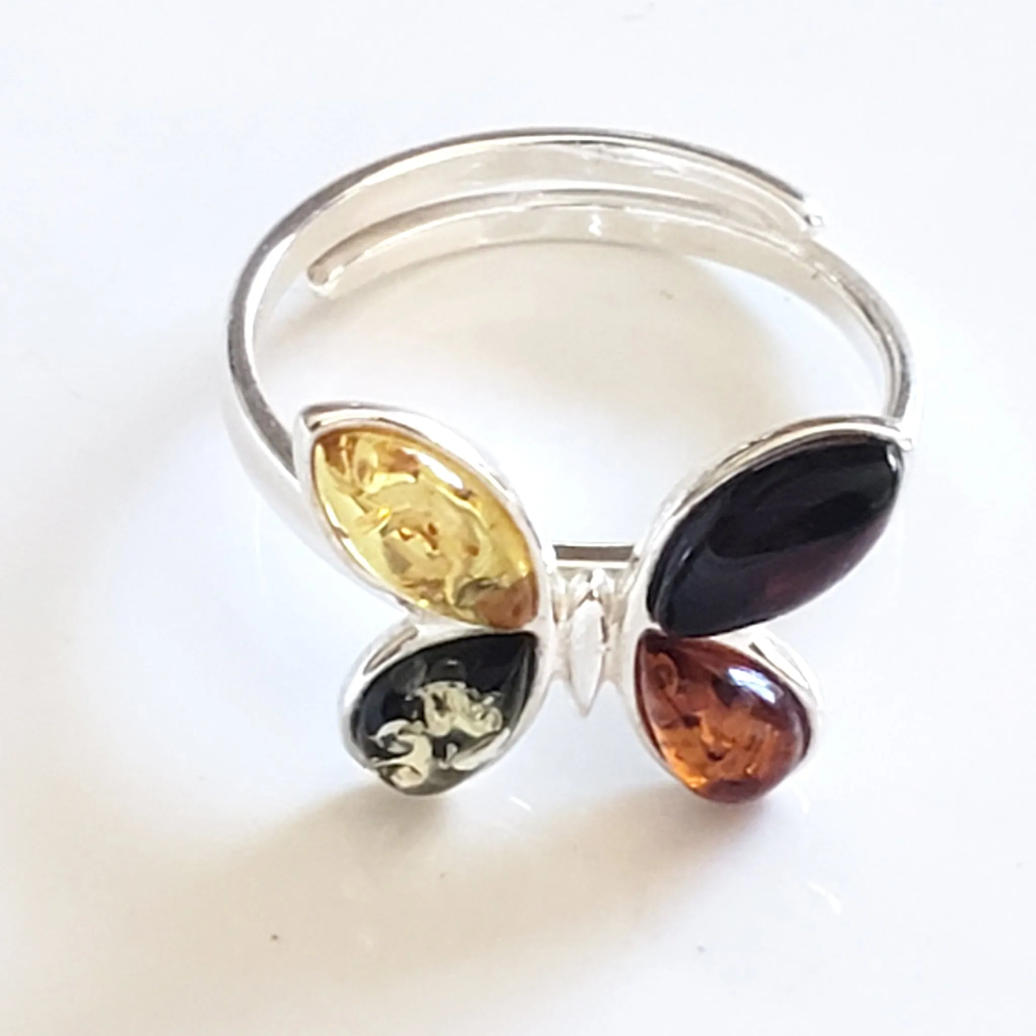 Natural Amber Butterfly Ring in Sterling Silver Setting / Adjustable Size 6-10