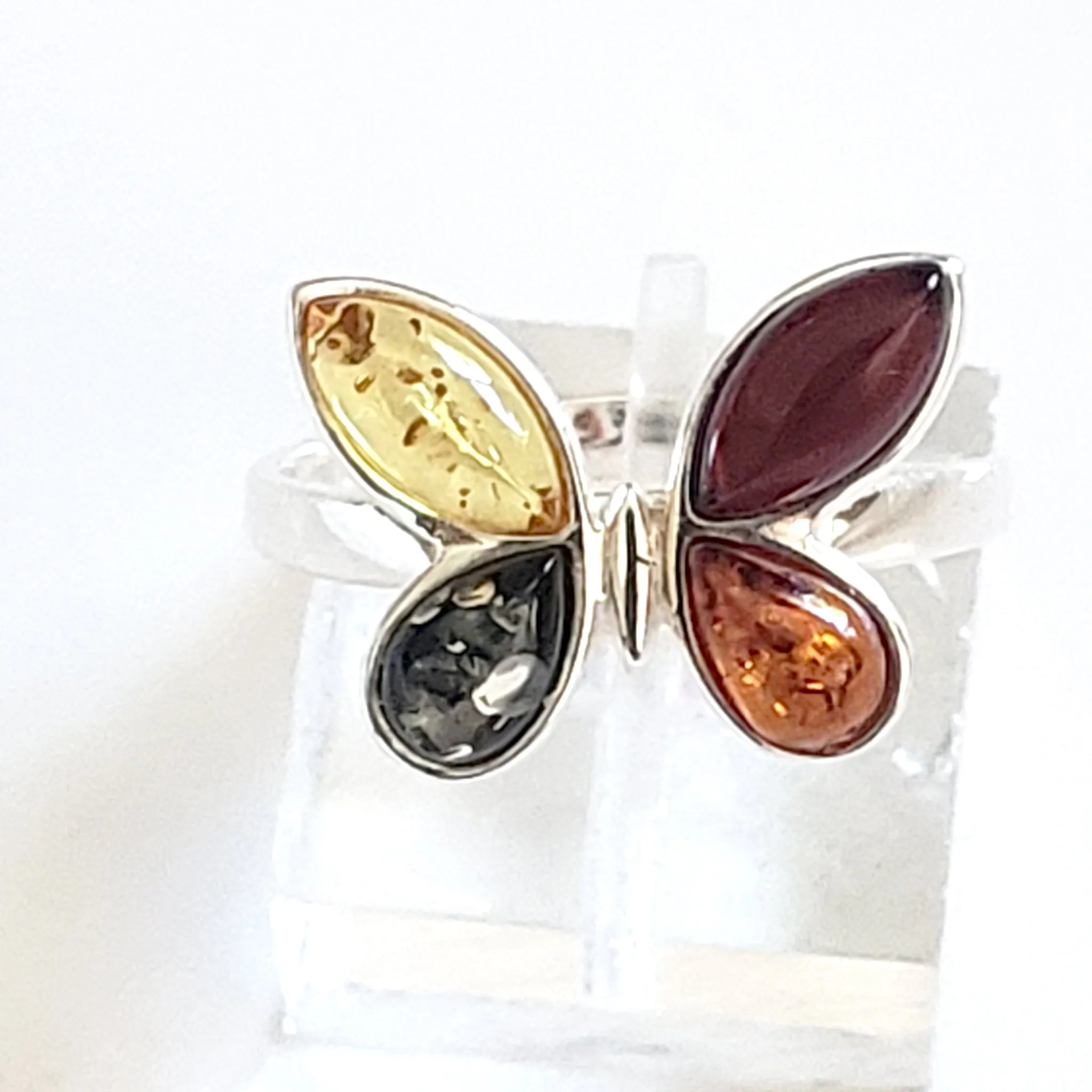 Natural Amber Butterfly Ring in Sterling Silver Setting / Adjustable Size 6-10