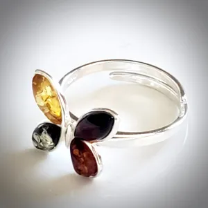 Natural Amber Butterfly Ring in Sterling Silver Setting / Adjustable Size 6-10