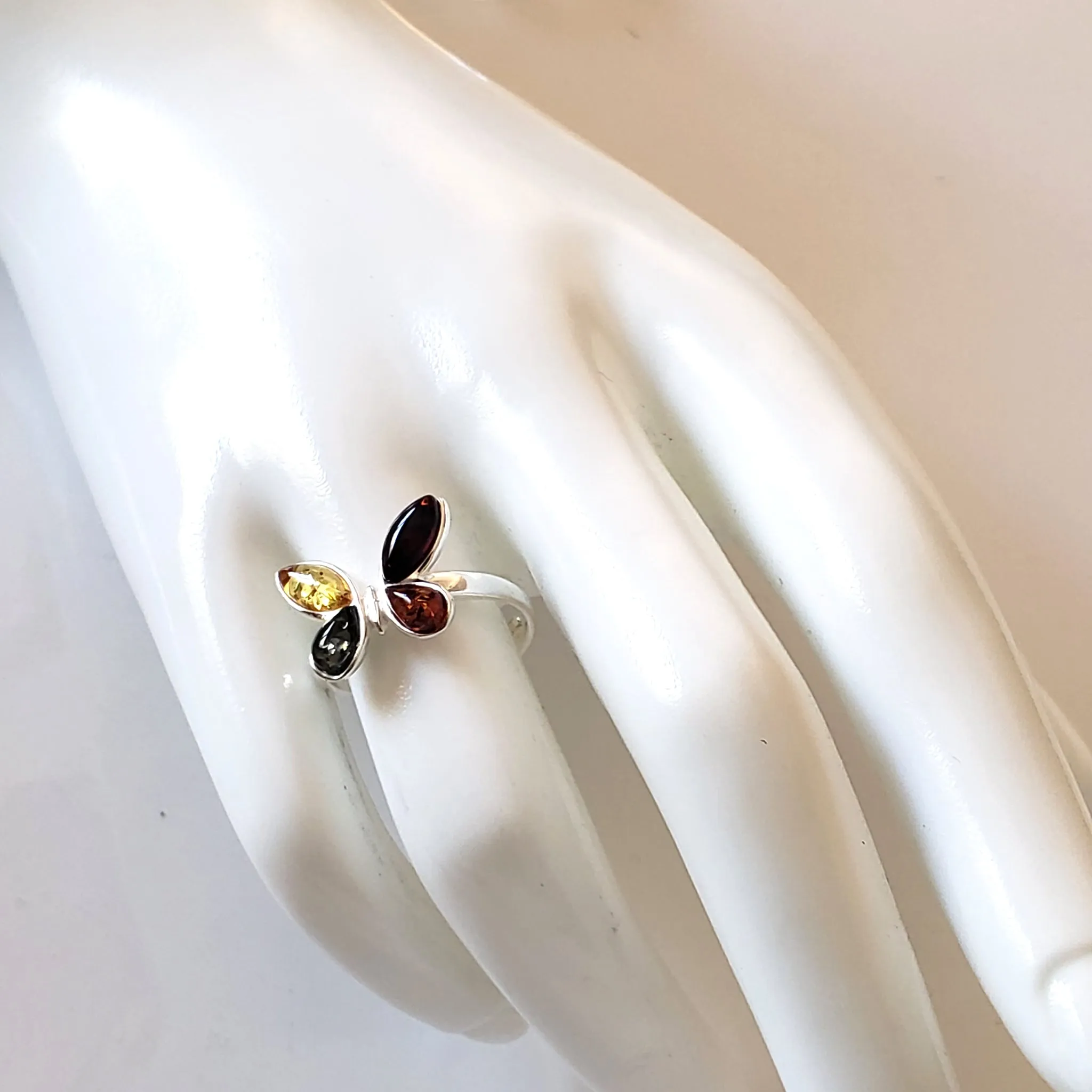 Natural Amber Butterfly Ring in Sterling Silver Setting / Adjustable Size 6-10