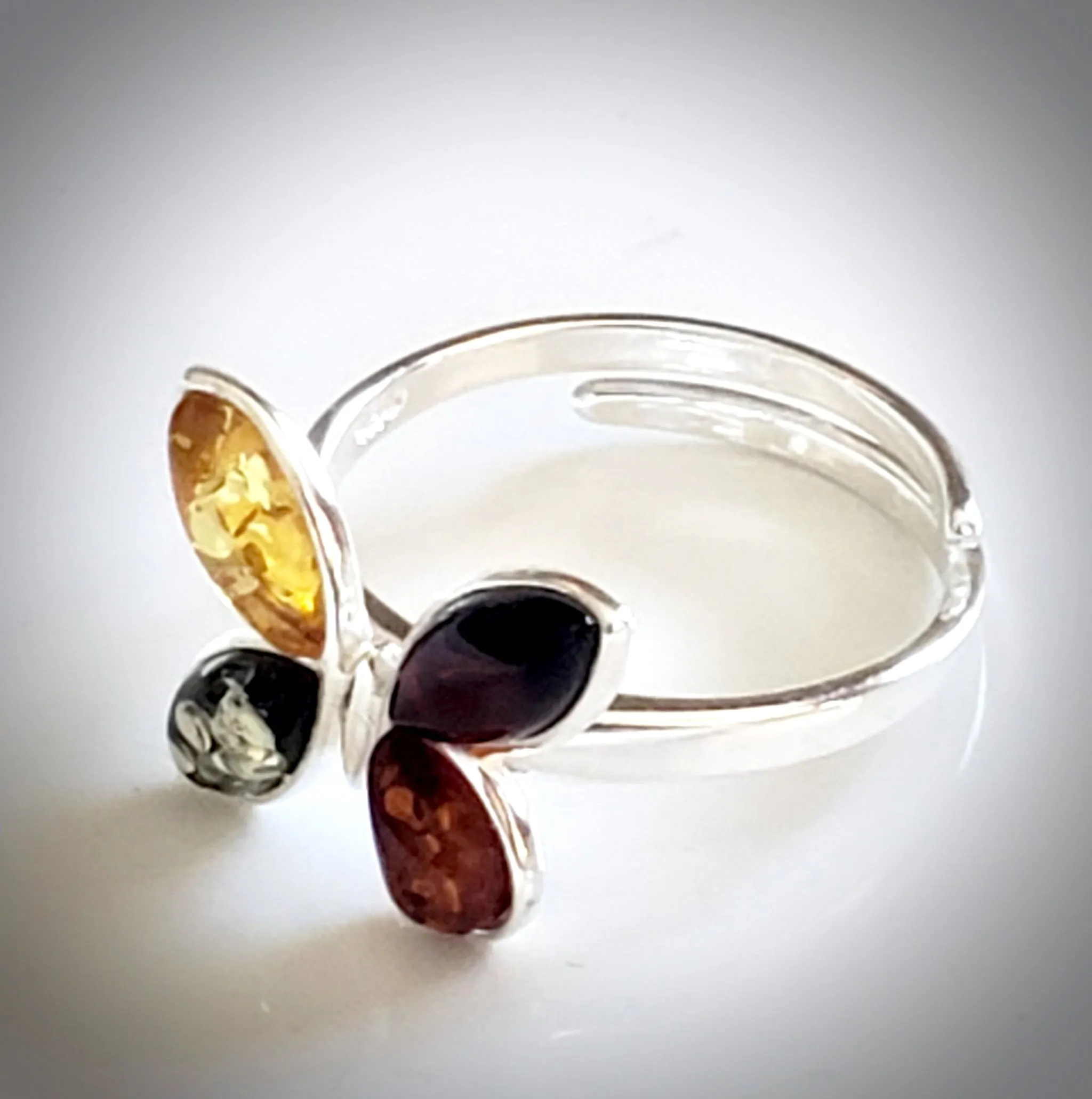 Natural Amber Butterfly Ring in Sterling Silver Setting / Adjustable Size 6-10