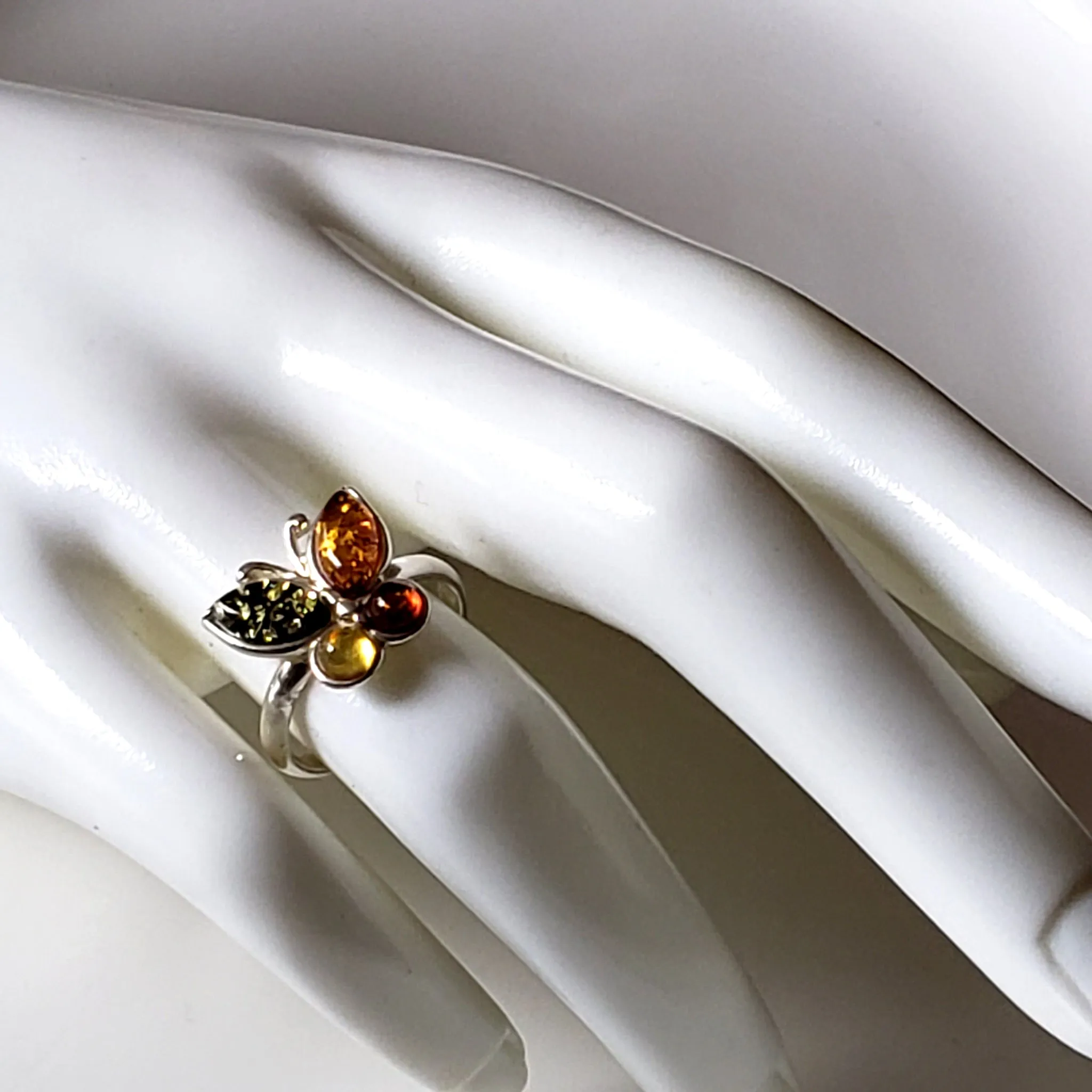 Natural Amber Butterfly Ring in Sterling Silver Setting
