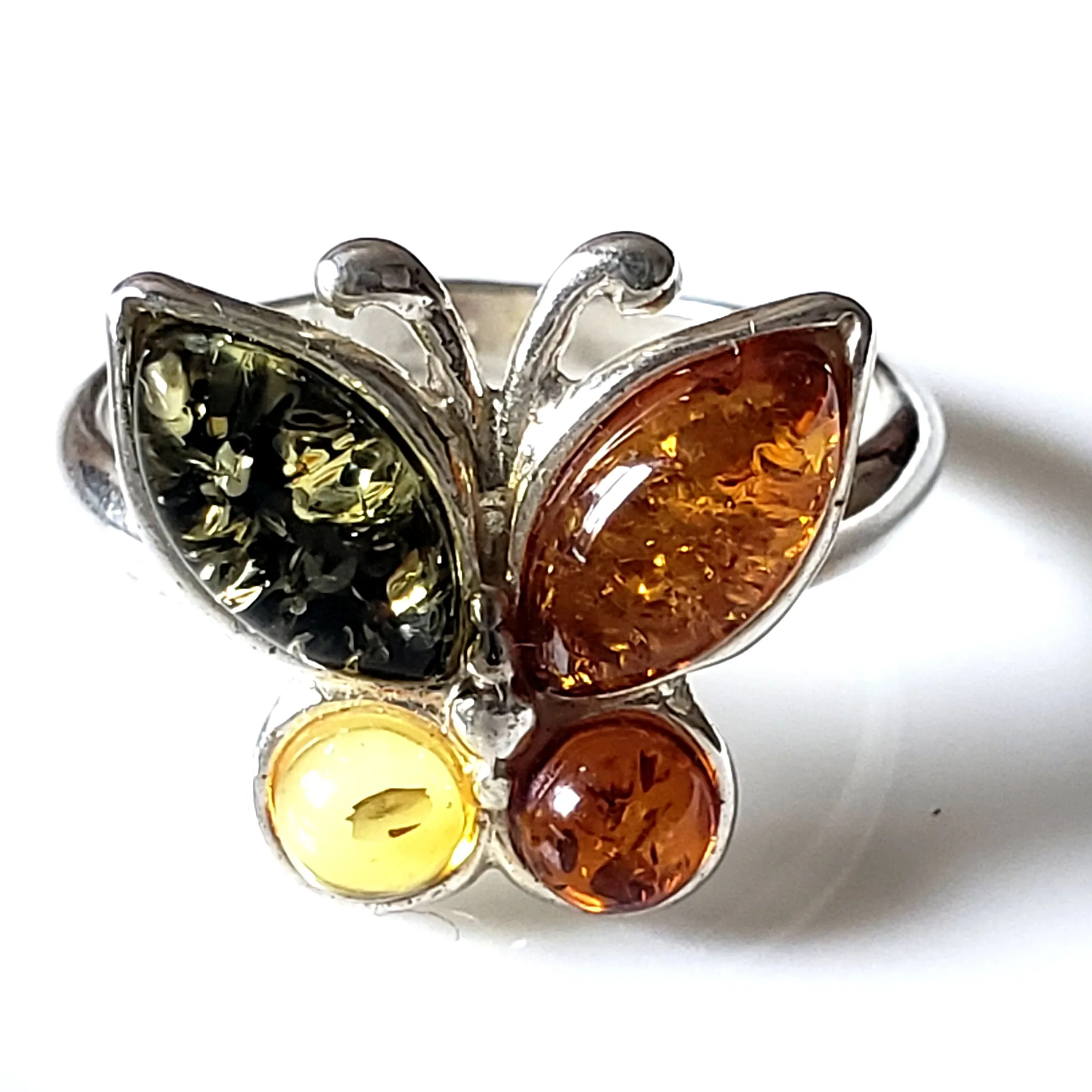 Natural Amber Butterfly Ring in Sterling Silver Setting