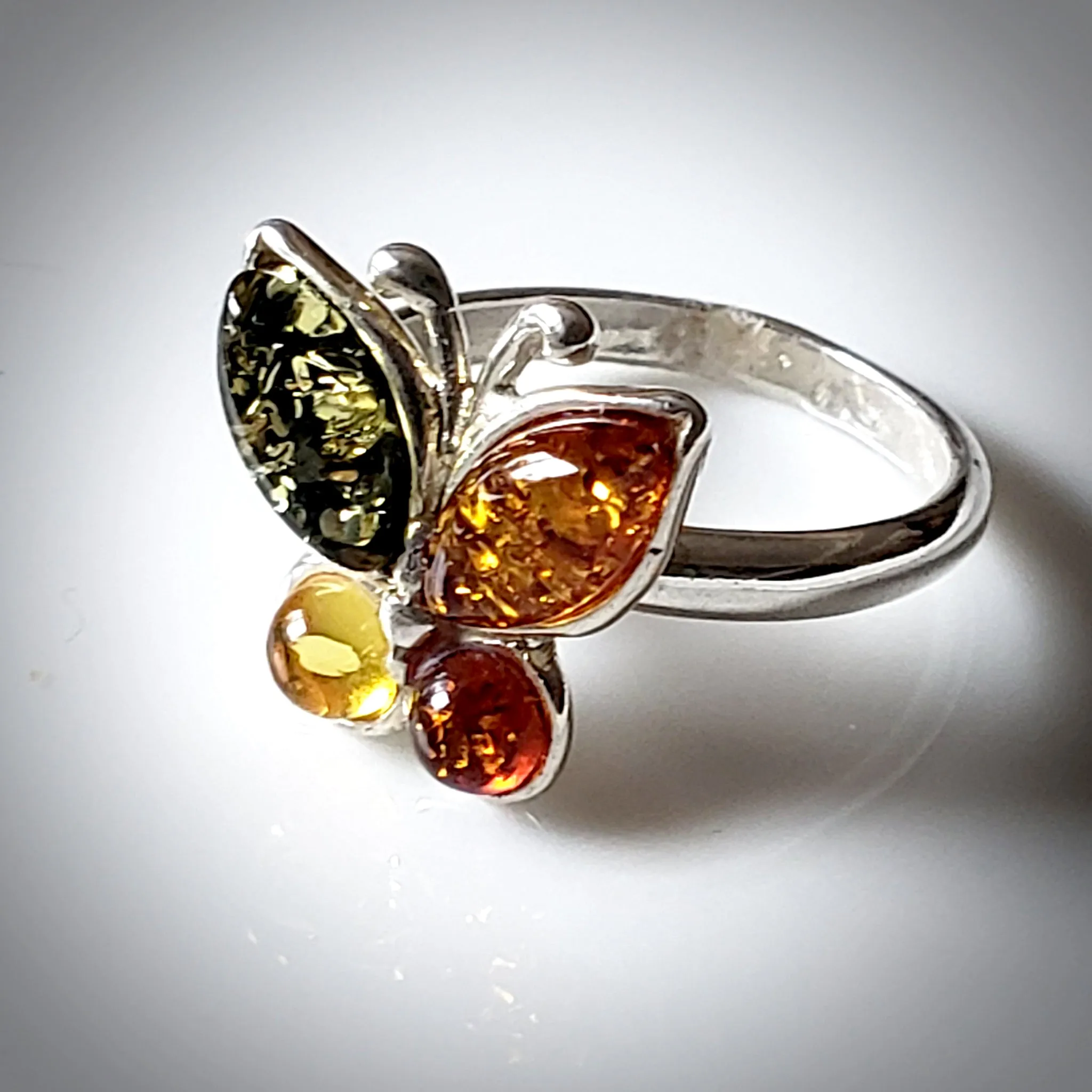Natural Amber Butterfly Ring in Sterling Silver Setting