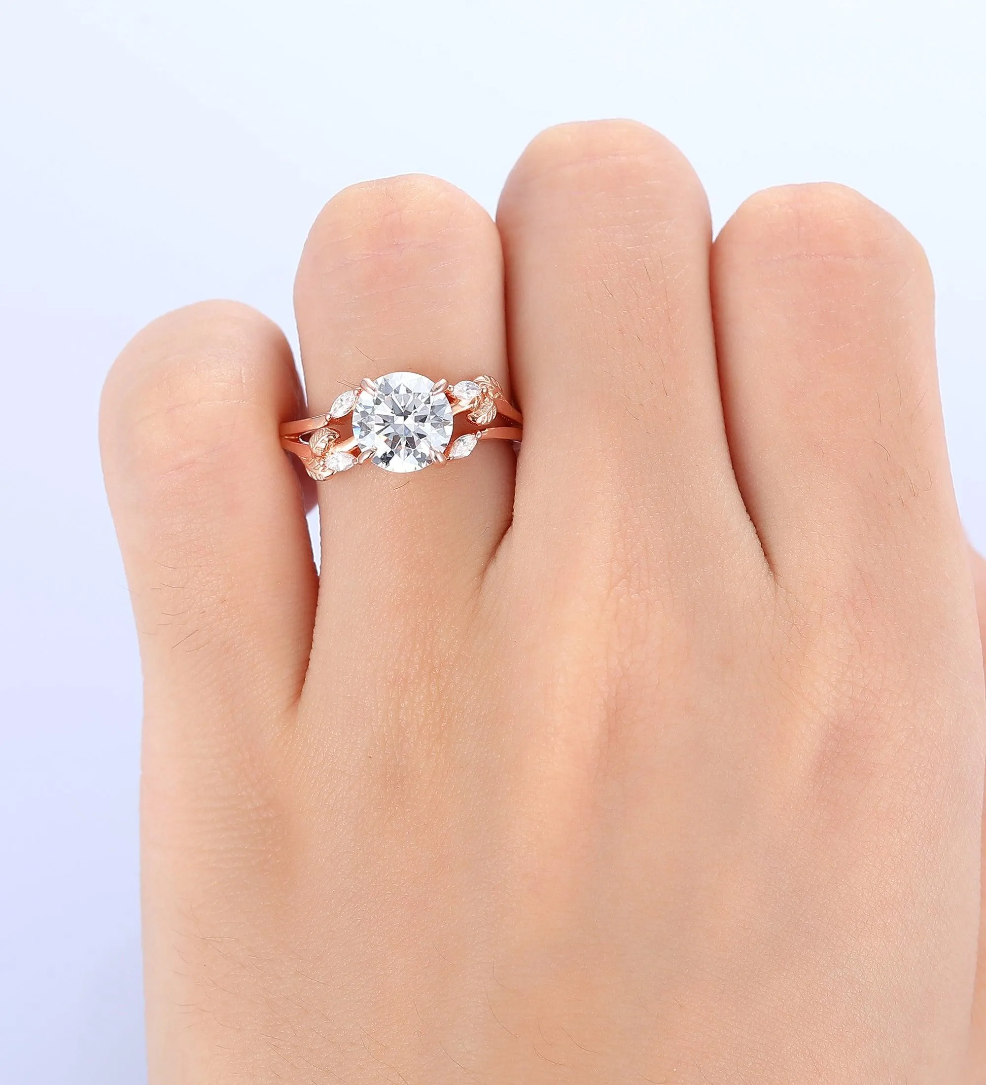 Nature Inspired Round Lab Grown Diamond Engagement Ring Leaves Band