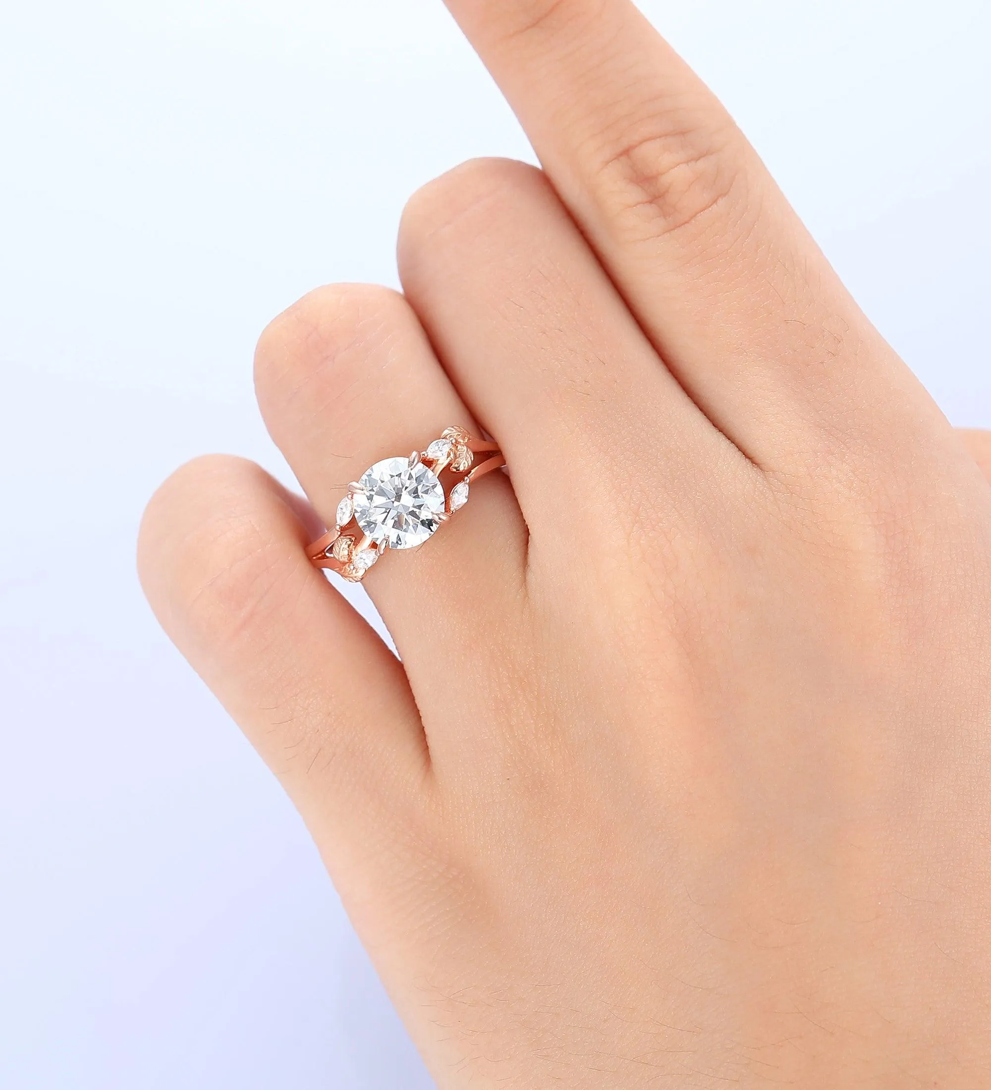 Nature Inspired Round Lab Grown Diamond Engagement Ring Leaves Band