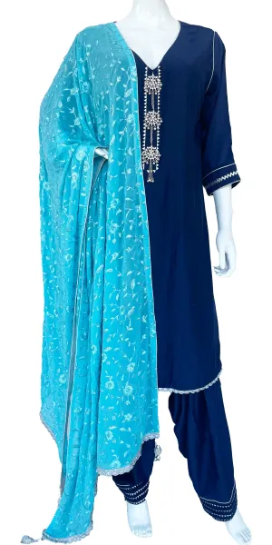 Navy Blue Punjabi Patiala Salwar Suit, Muslin Punjabi Suit with  Turquoise Dupatta