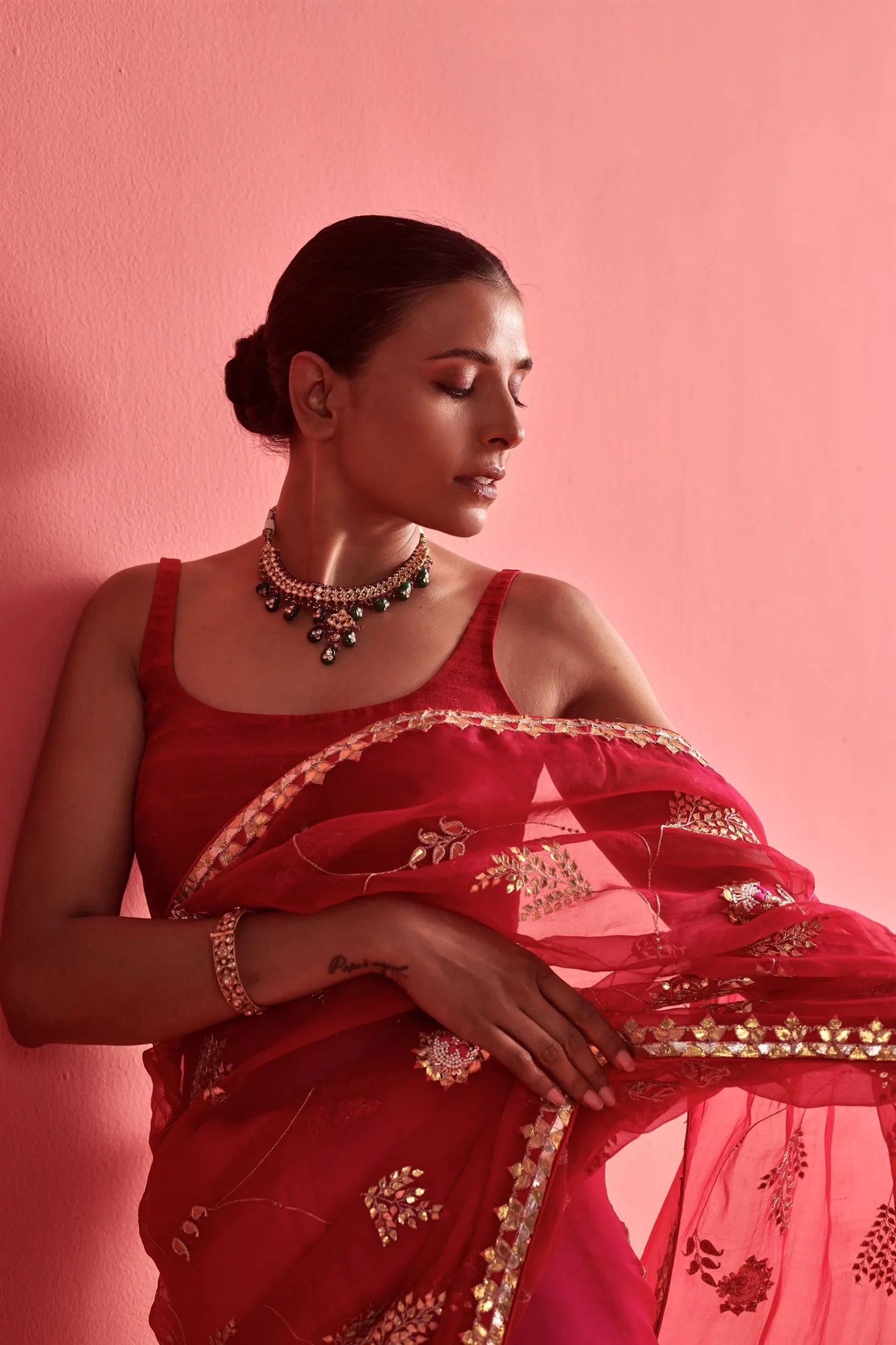 New Season Festive 2024-Saree-Organza/Mashru Silk 3pcs Rani-Red ombrÃ©-AS102-Fashion Wedding Edit Aarti Sethia