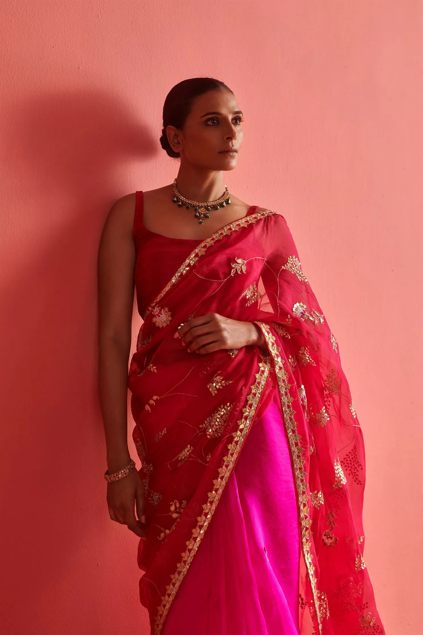 New Season Festive 2024-Saree-Organza/Mashru Silk 3pcs Rani-Red ombrÃ©-AS102-Fashion Wedding Edit Aarti Sethia