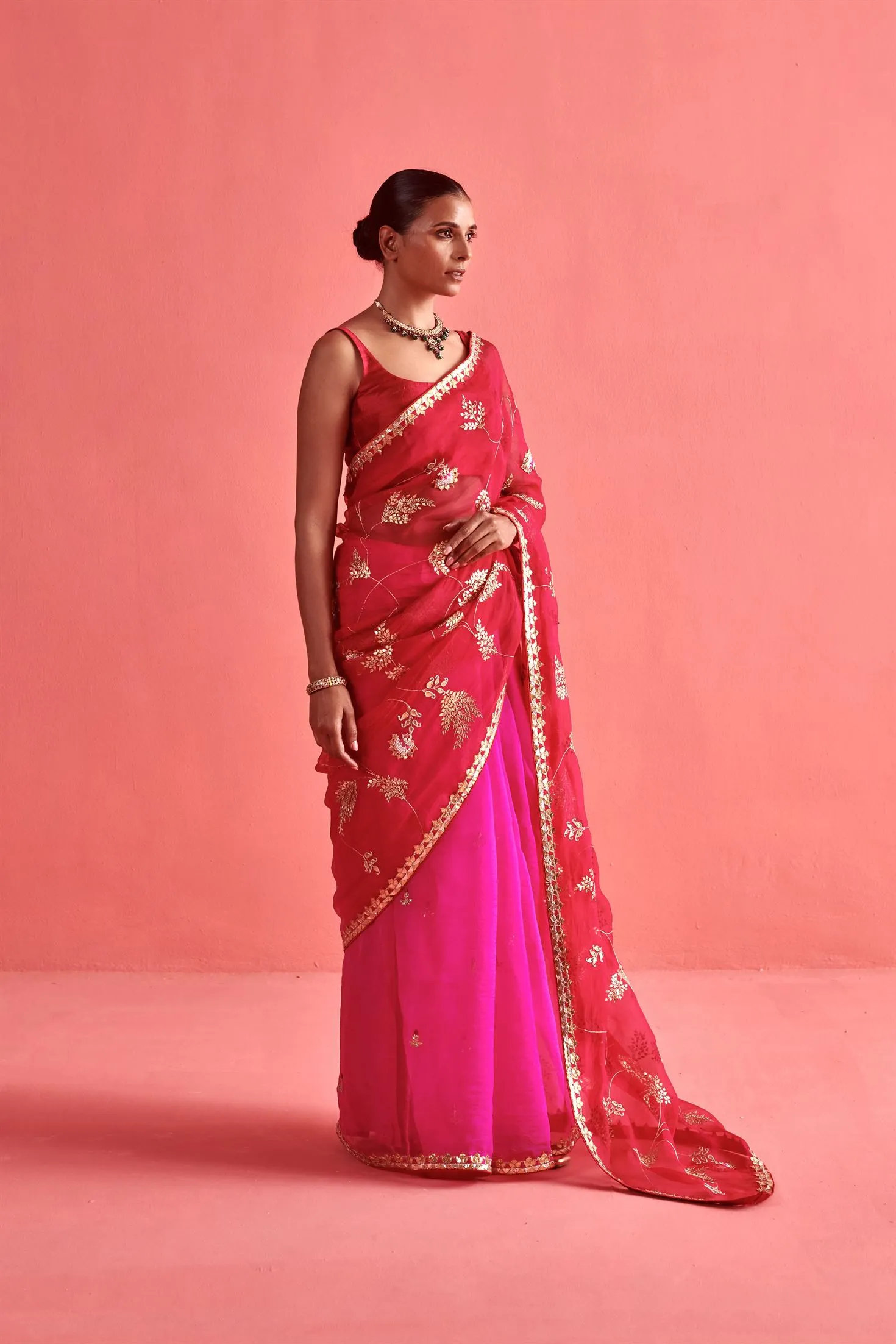 New Season Festive 2024-Saree-Organza/Mashru Silk 3pcs Rani-Red ombrÃ©-AS102-Fashion Wedding Edit Aarti Sethia