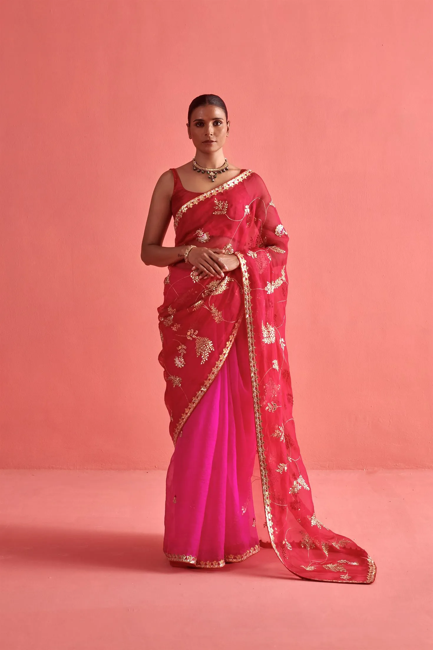 New Season Festive 2024-Saree-Organza/Mashru Silk 3pcs Rani-Red ombrÃ©-AS102-Fashion Wedding Edit Aarti Sethia