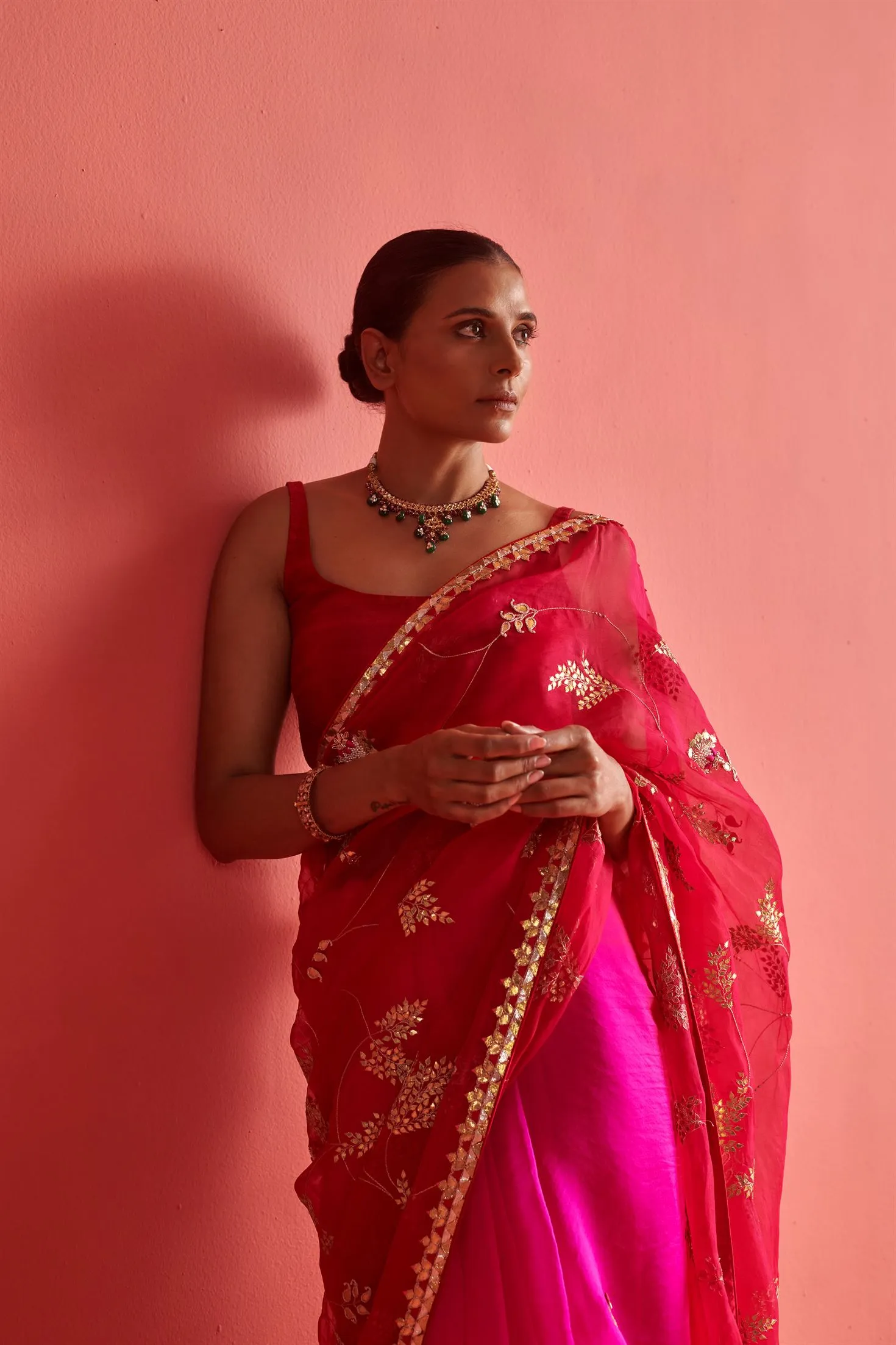 New Season Festive 2024-Saree-Organza/Mashru Silk 3pcs Rani-Red ombrÃ©-AS102-Fashion Wedding Edit Aarti Sethia