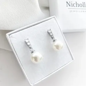 Nicholls Constance Dainty Pearl and Crystal Earrings-Silver