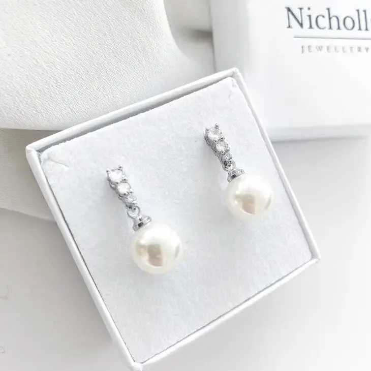 Nicholls Constance Dainty Pearl and Crystal Earrings-Silver