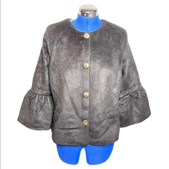 NWOT Jessica‎ London 16W black wool blend silver button retro bell sleeve coat