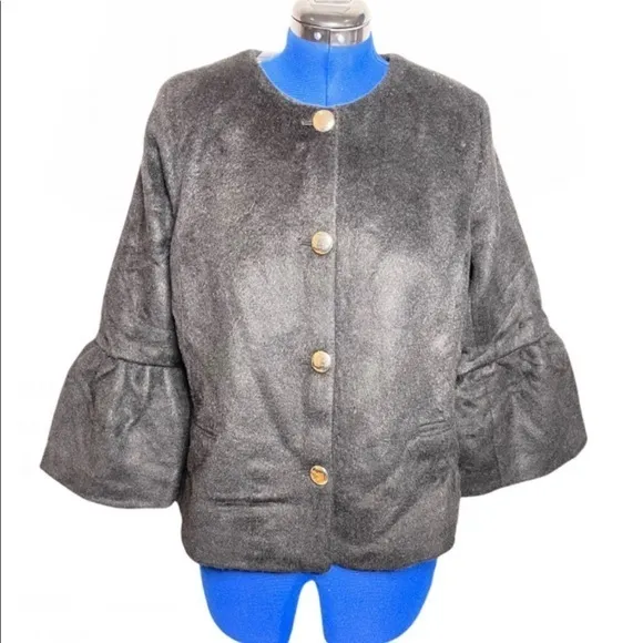 NWOT Jessica‎ London 16W black wool blend silver button retro bell sleeve coat
