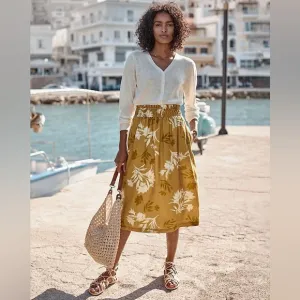 NWT Garnet Hill Smocked Waist Linen Midi Skirt Floral Mustard Gold Size Small