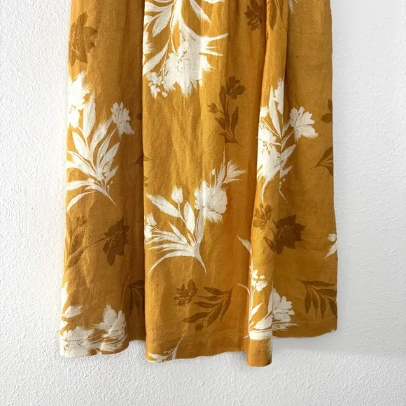 NWT Garnet Hill Smocked Waist Linen Midi Skirt Floral Mustard Gold Size Small