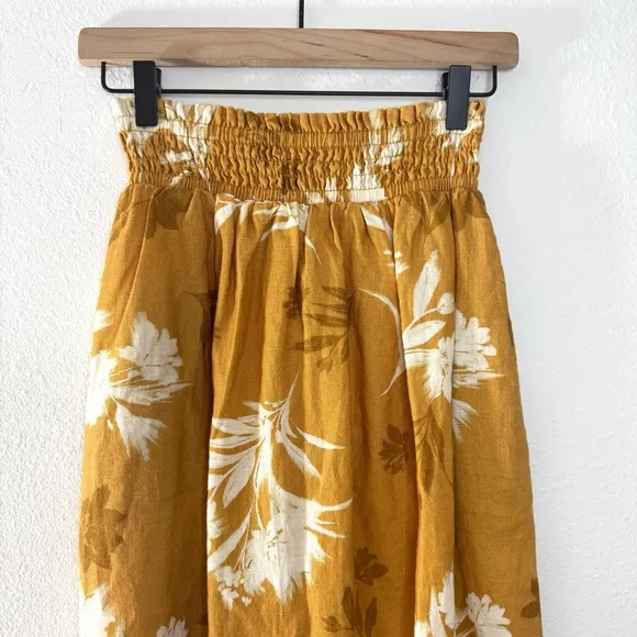 NWT Garnet Hill Smocked Waist Linen Midi Skirt Floral Mustard Gold Size Small