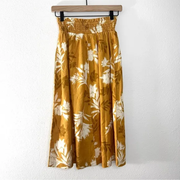 NWT Garnet Hill Smocked Waist Linen Midi Skirt Floral Mustard Gold Size Small