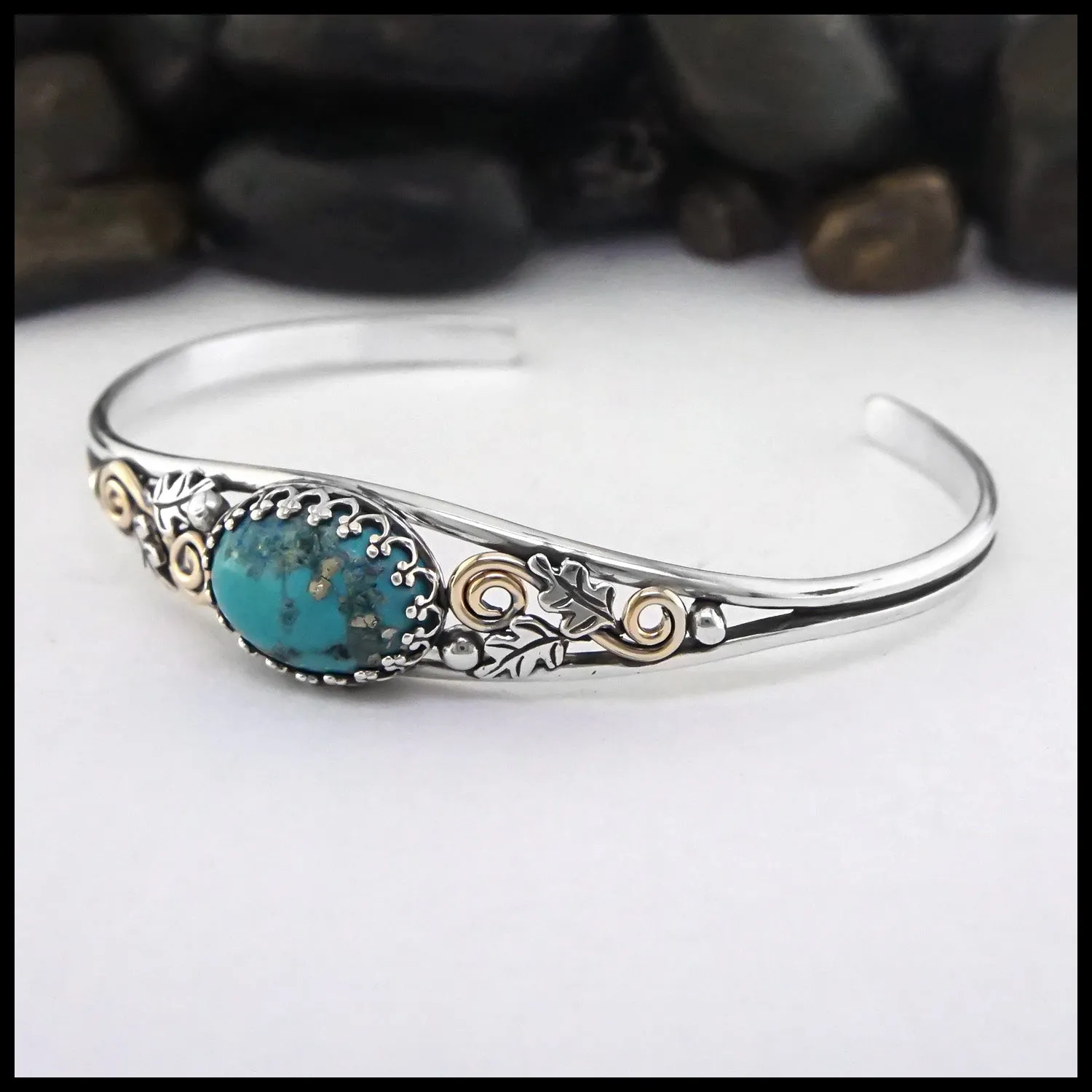 Oak Leaf Cuff Bracelet with Turquoise