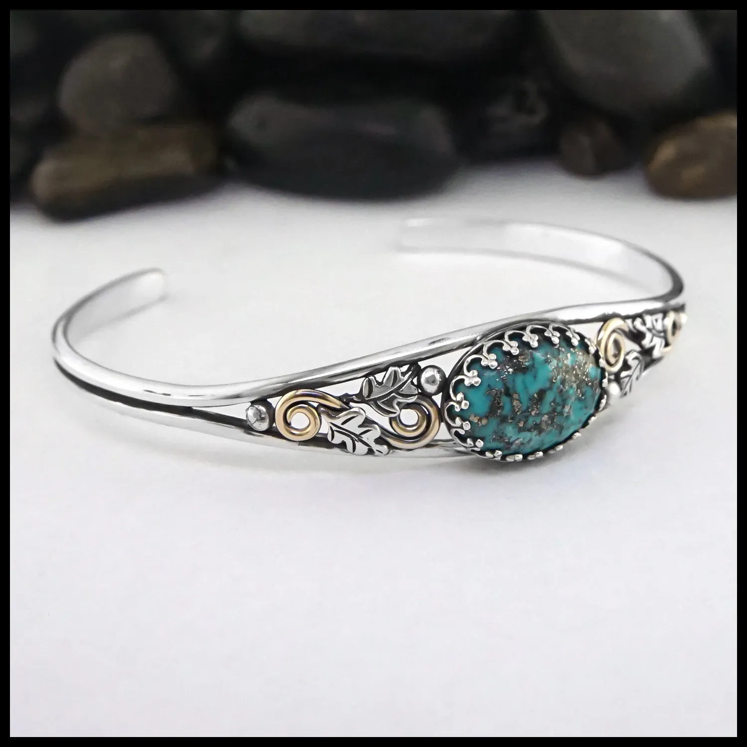 Oak Leaf Cuff Bracelet with Turquoise