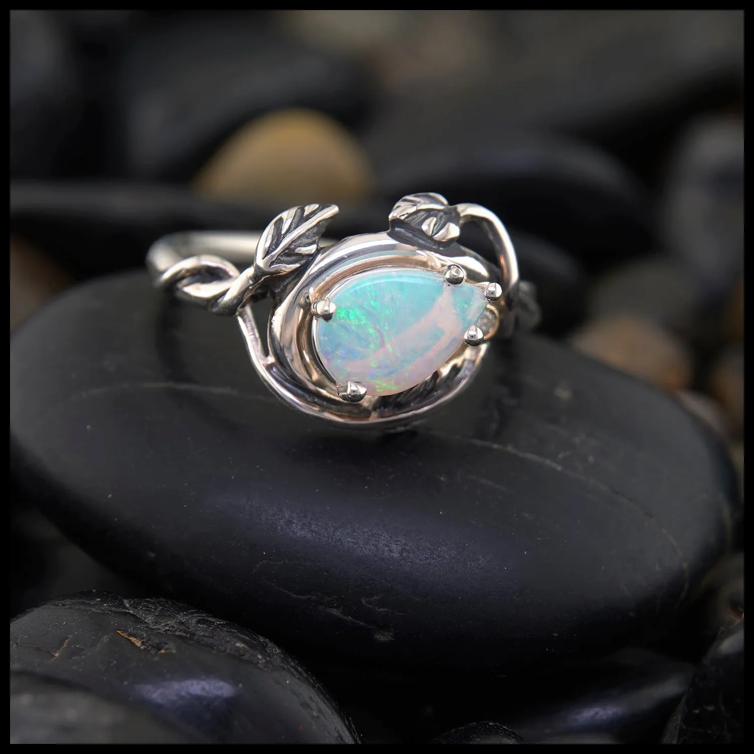 Opal and Diamond Leaf Forest Ring