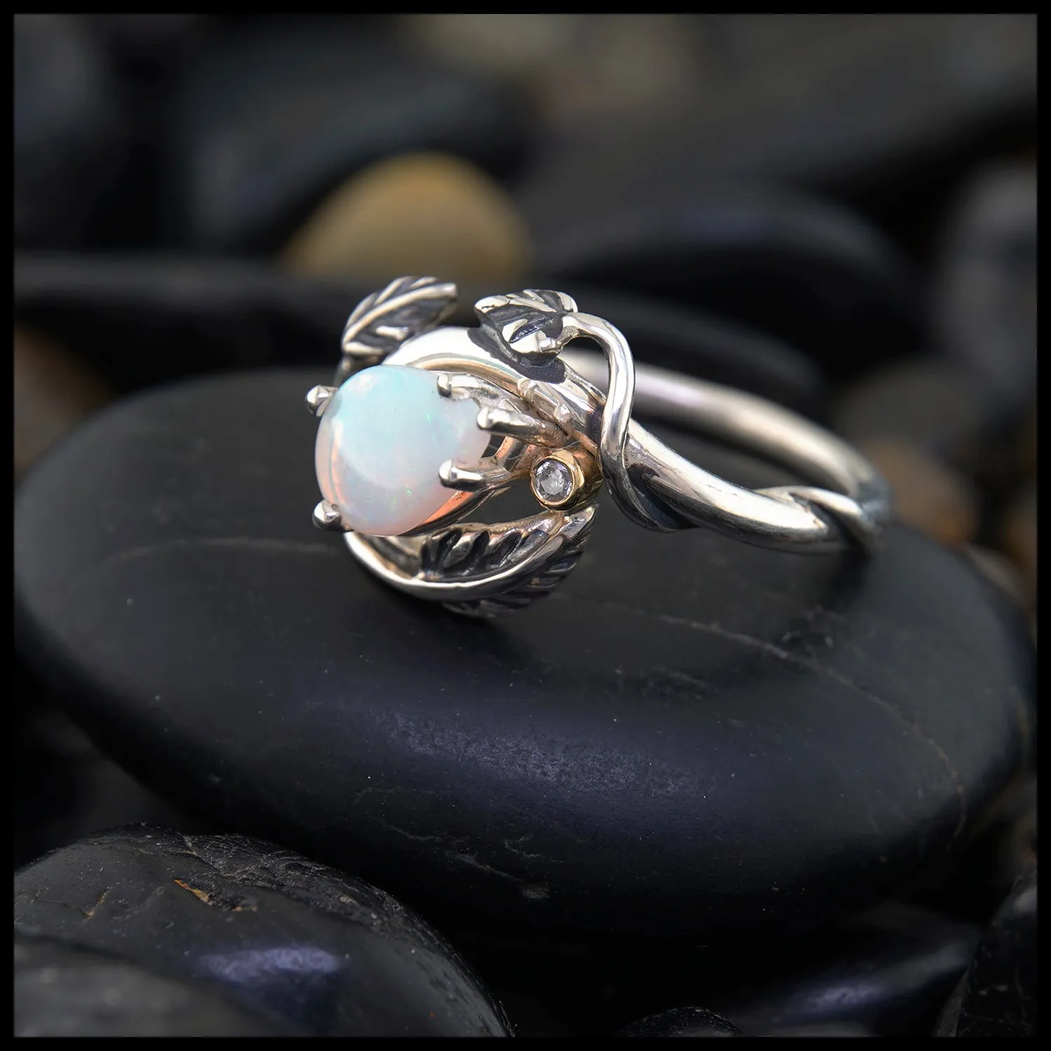 Opal and Diamond Leaf Forest Ring