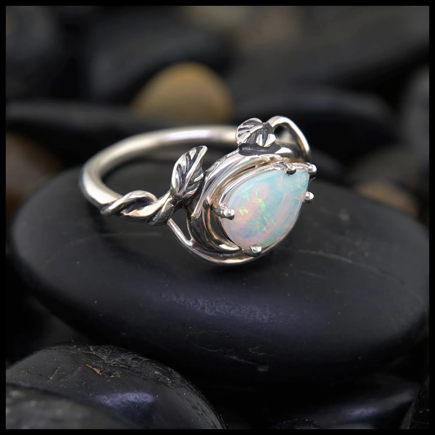 Opal and Diamond Leaf Forest Ring