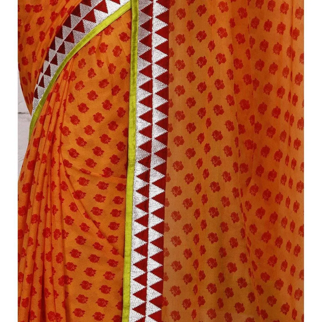 Orange Block Printed Chiffon Saree (100000043790)