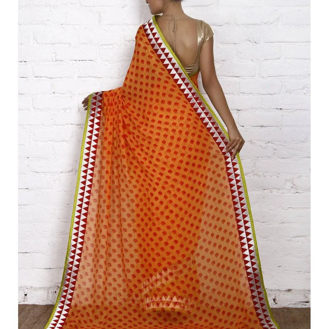 Orange Block Printed Chiffon Saree (100000043790)