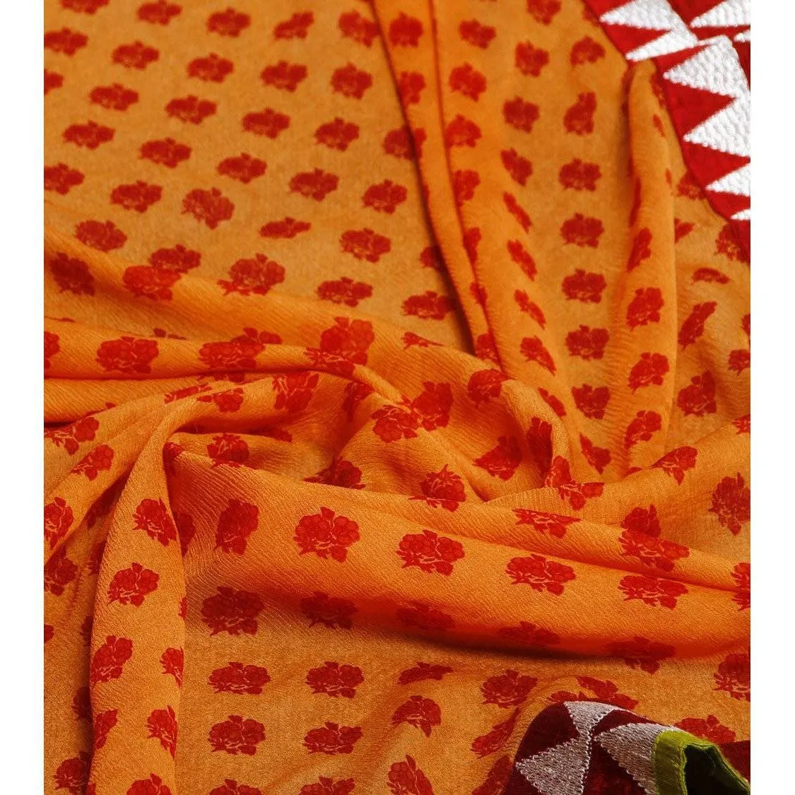 Orange Block Printed Chiffon Saree (100000043790)