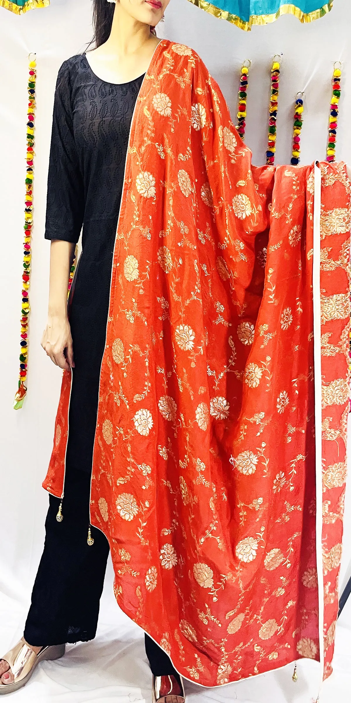 Orange Dupatta for Women Pure Dola Silk Silver Gold Zari Floral Banarasi Dupattas /Shawl