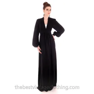 Ossie Clark Vintage 1970s  Maxi Gown Black Moss Crepe 1940s Style 14/38 M-L