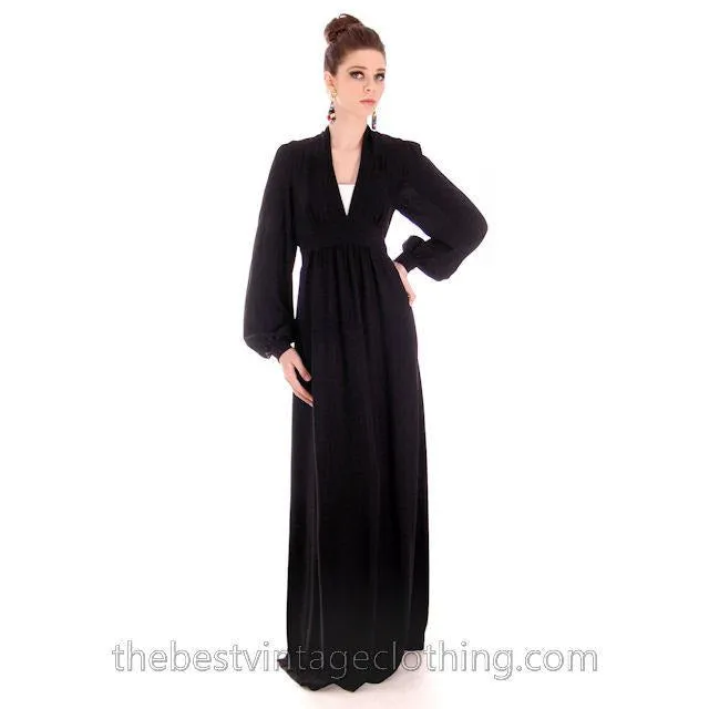 Ossie Clark Vintage 1970s  Maxi Gown Black Moss Crepe 1940s Style 14/38 M-L