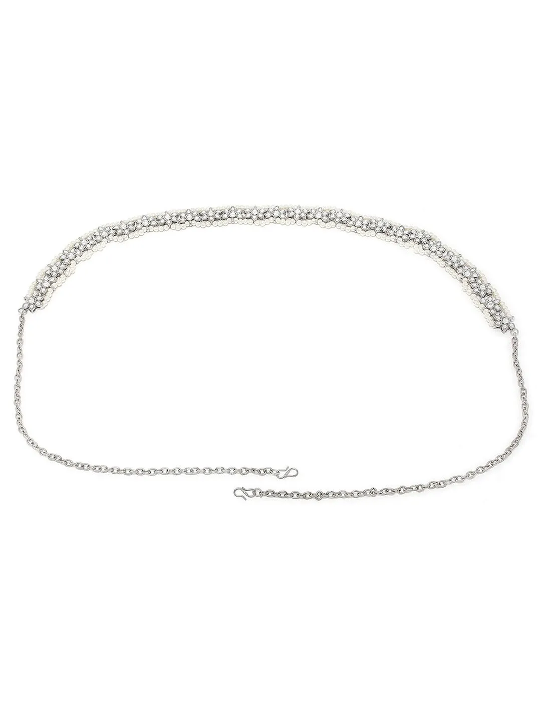 Oxidised Silver-Toned & White Kundan Studded & Pearls Beaded Kamarbandh