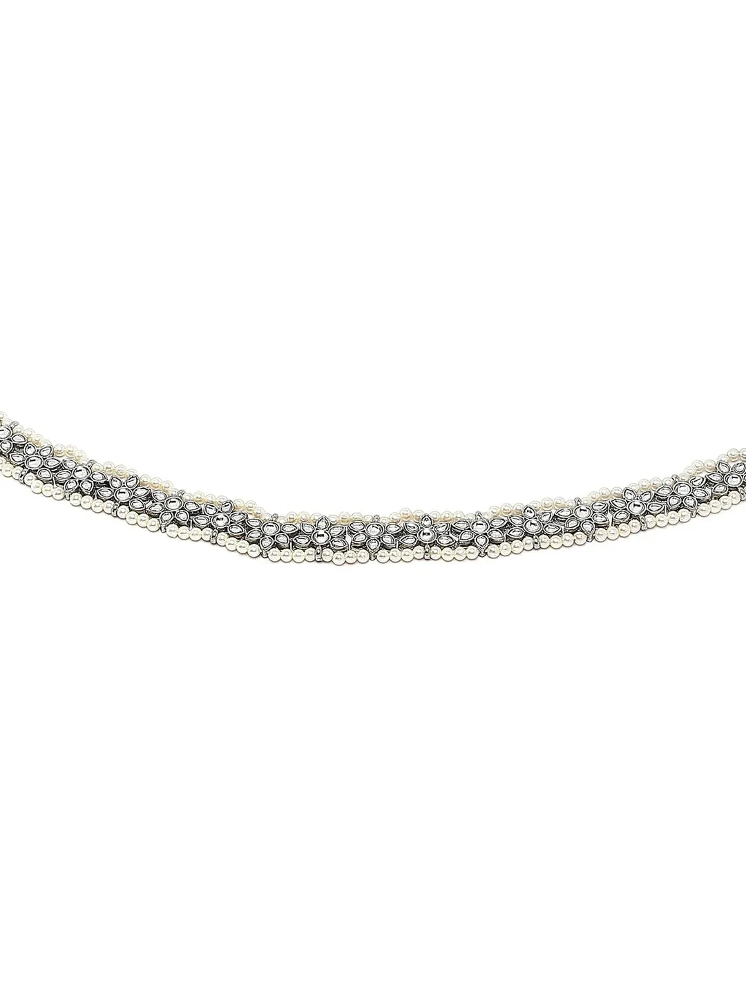Oxidised Silver-Toned & White Kundan Studded & Pearls Beaded Kamarbandh