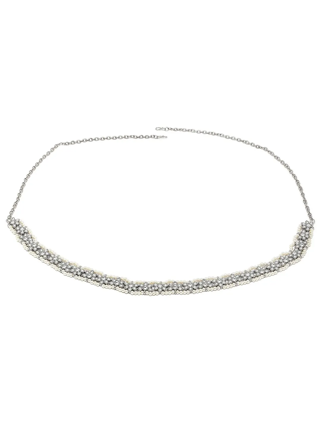 Oxidised Silver-Toned & White Kundan Studded & Pearls Beaded Kamarbandh