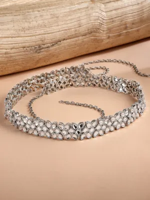 Oxidised Silver-Toned & White Kundan Studded Kamarbandh