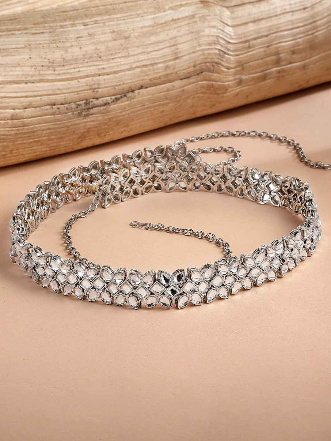 Oxidised Silver-Toned & White Kundan Studded Kamarbandh