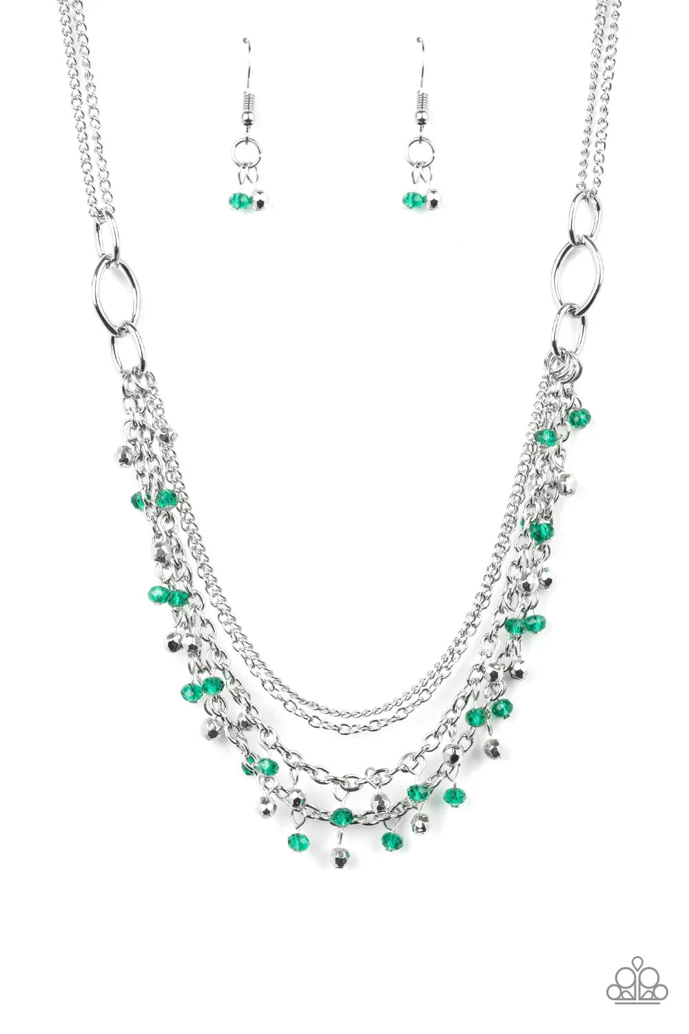 Paparazzi " Financially Fabulous " Silver Metal Green Bead Multi Chain Necklace Set