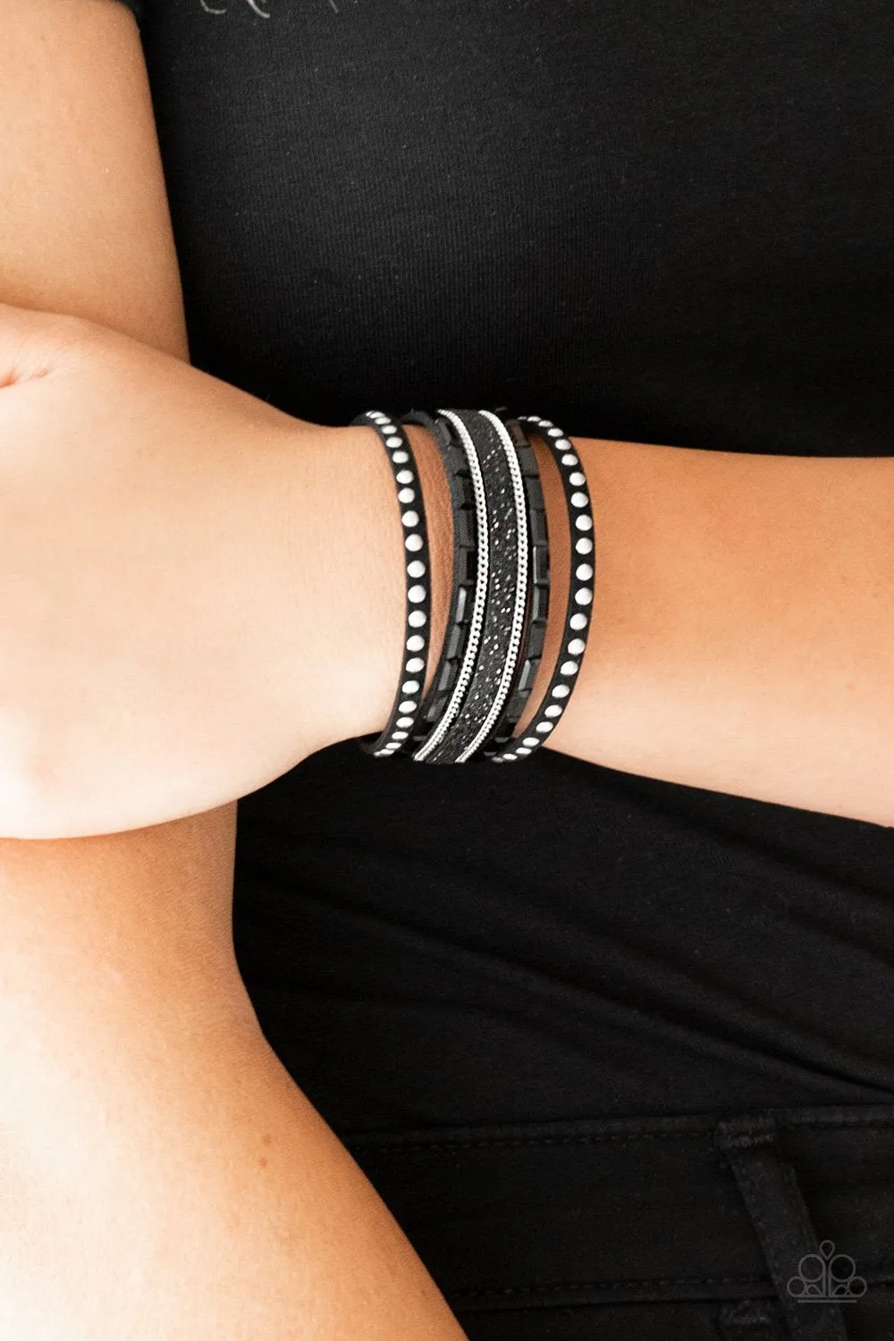 Paparazzi "Seize the Sass" Black LEATHER Silver Studs, Chains, Rhinestones Snap Bracelet
