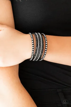 Paparazzi "Seize the Sass" Black LEATHER Silver Studs, Chains, Rhinestones Snap Bracelet