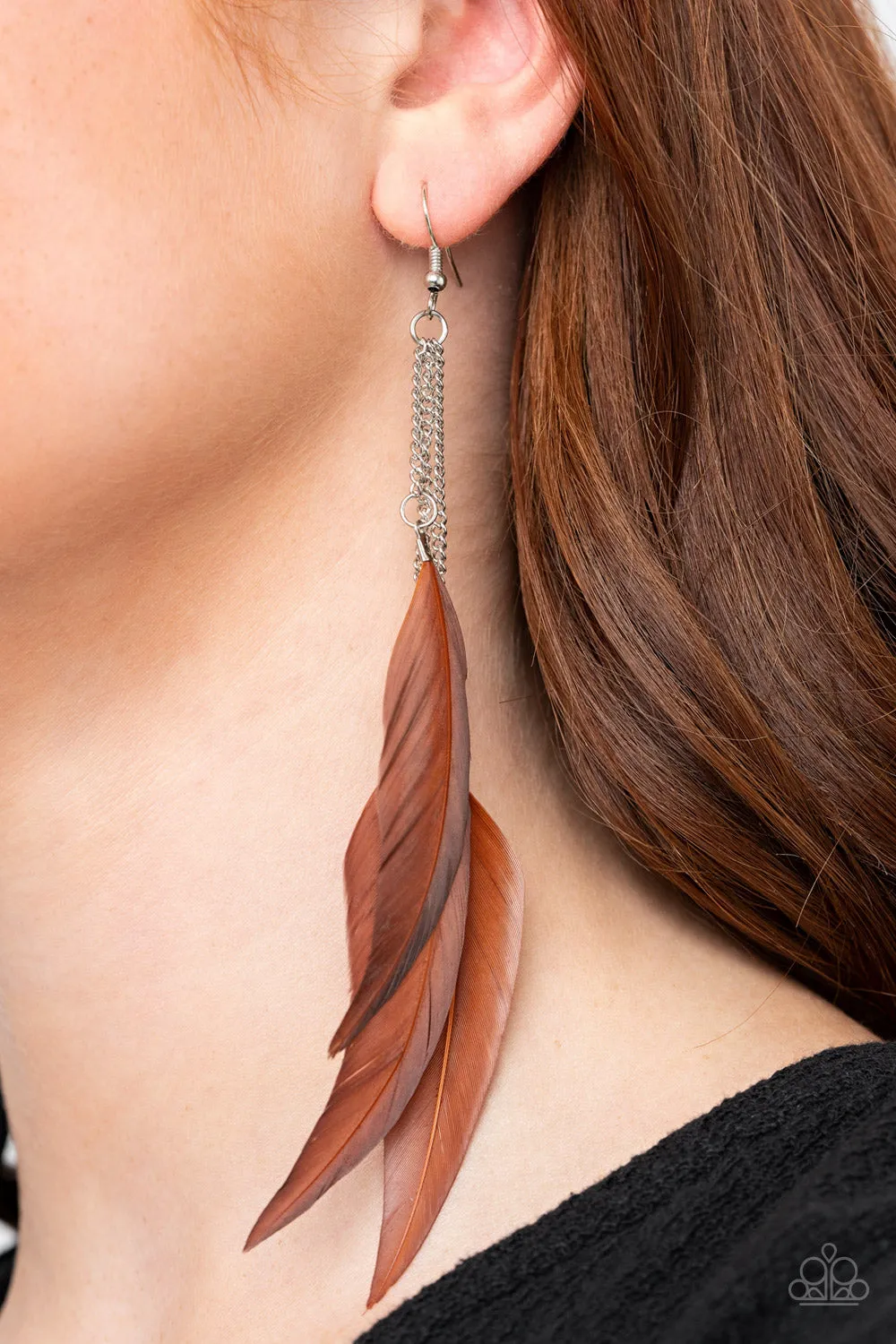 Paparazzi West Side Western - Brown Feather Earrings