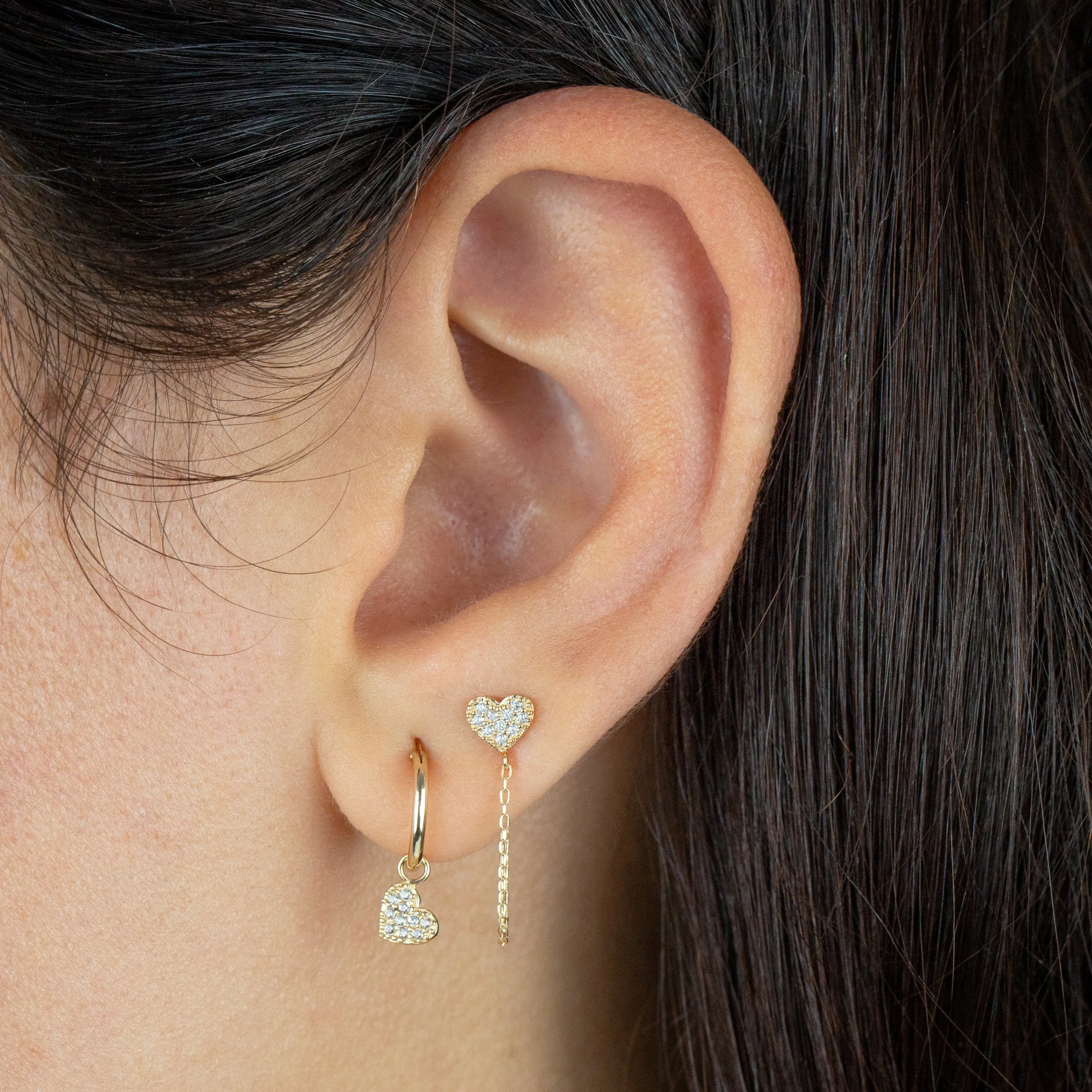 Pavé Heart Chain Stud Earring 14K