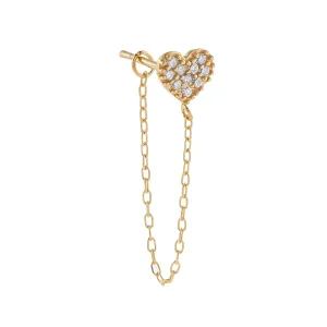 Pavé Heart Chain Stud Earring 14K