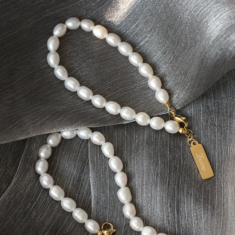 Pearl Chain with 18K Gold Plated Love Stainless Steel Pendant Bracelet for Women
